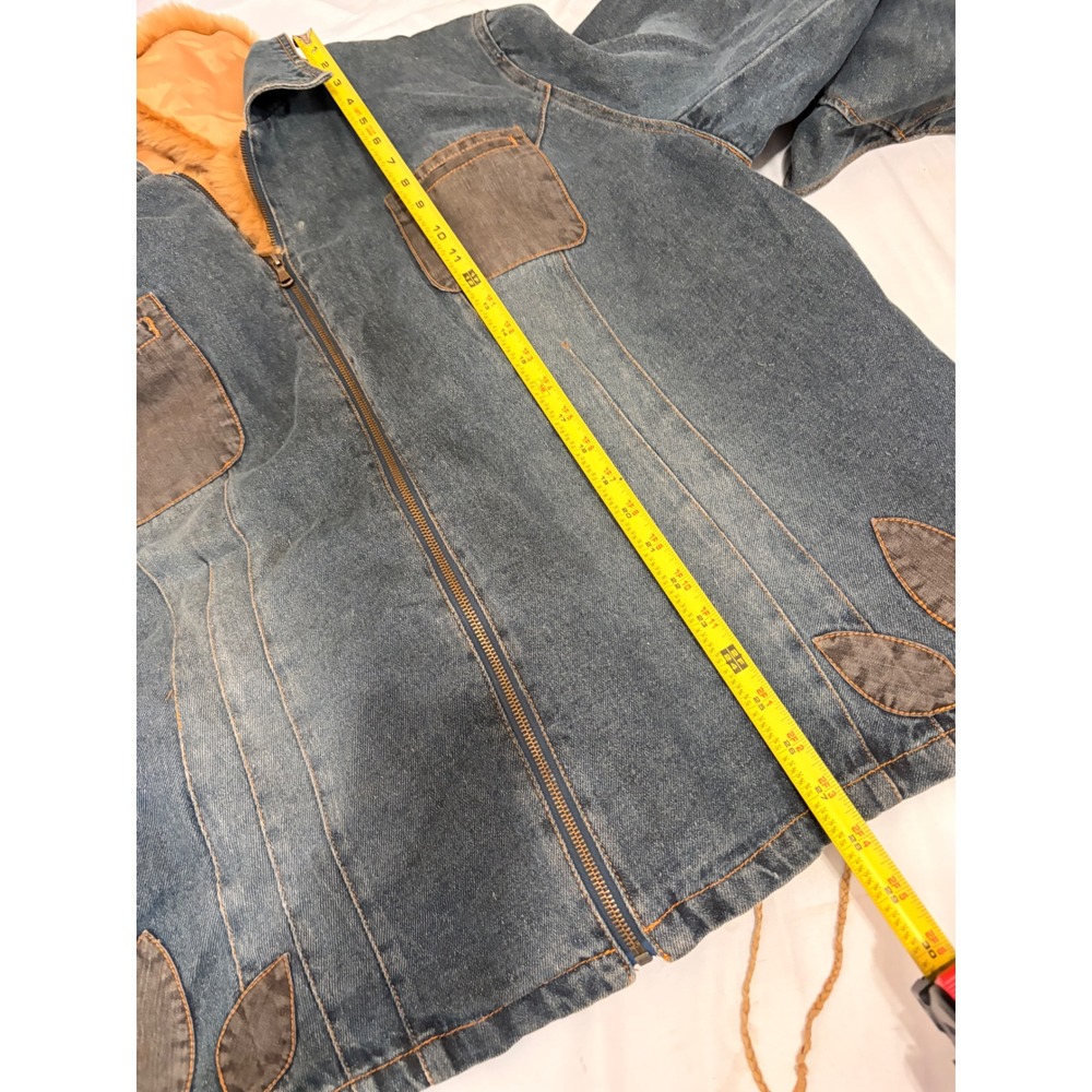 Faded Glory Blue Denim Coat with tan Faux Fur Trim and Boho Floral Embroidery - Picture 12 of 13
